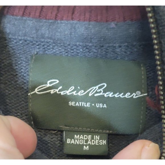 Eddie Bauer 1/4 Zip Sweater Cotton Gray Burgandy Striped Size Medium Men's - Picture 4 of 4